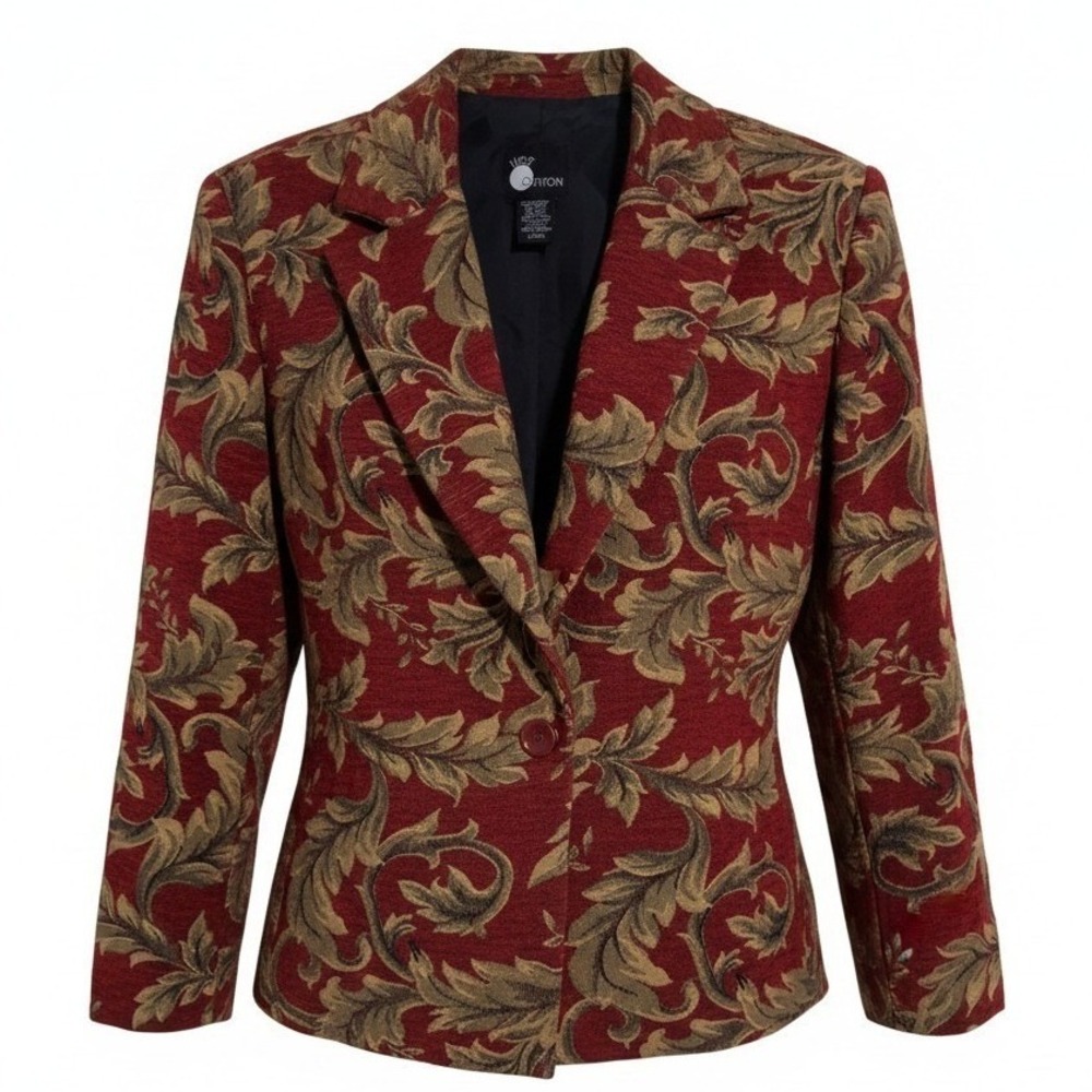 Vintage First Option Jaguard Tapestry Women size Large Preppy Classy Leaf Blazer